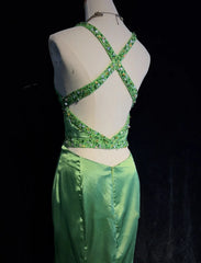 Beautiful Prom Dresses Mermaid Halter Green Satin With Ruffled Beading Long Evening Outfits N3382