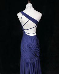 Dreamy 90s Prom Dresses Mermaid One Shoulder Navy Blue With Pleated Formal Evening Outfits N3836