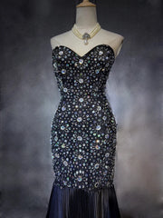Vintage Prom Dresses 90s Mermaid Sweetheart Satin Black Tie With Silver Beading Ruffled Long Semi Formal Evening Dress N3671