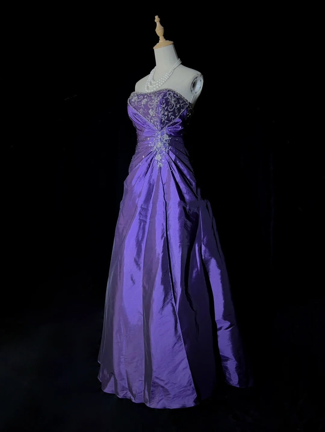 Vintage Prom Dresses Ball Gown Strapless Purple With Gold Lace Applique 80s Long Formal Evening Outfits N3886