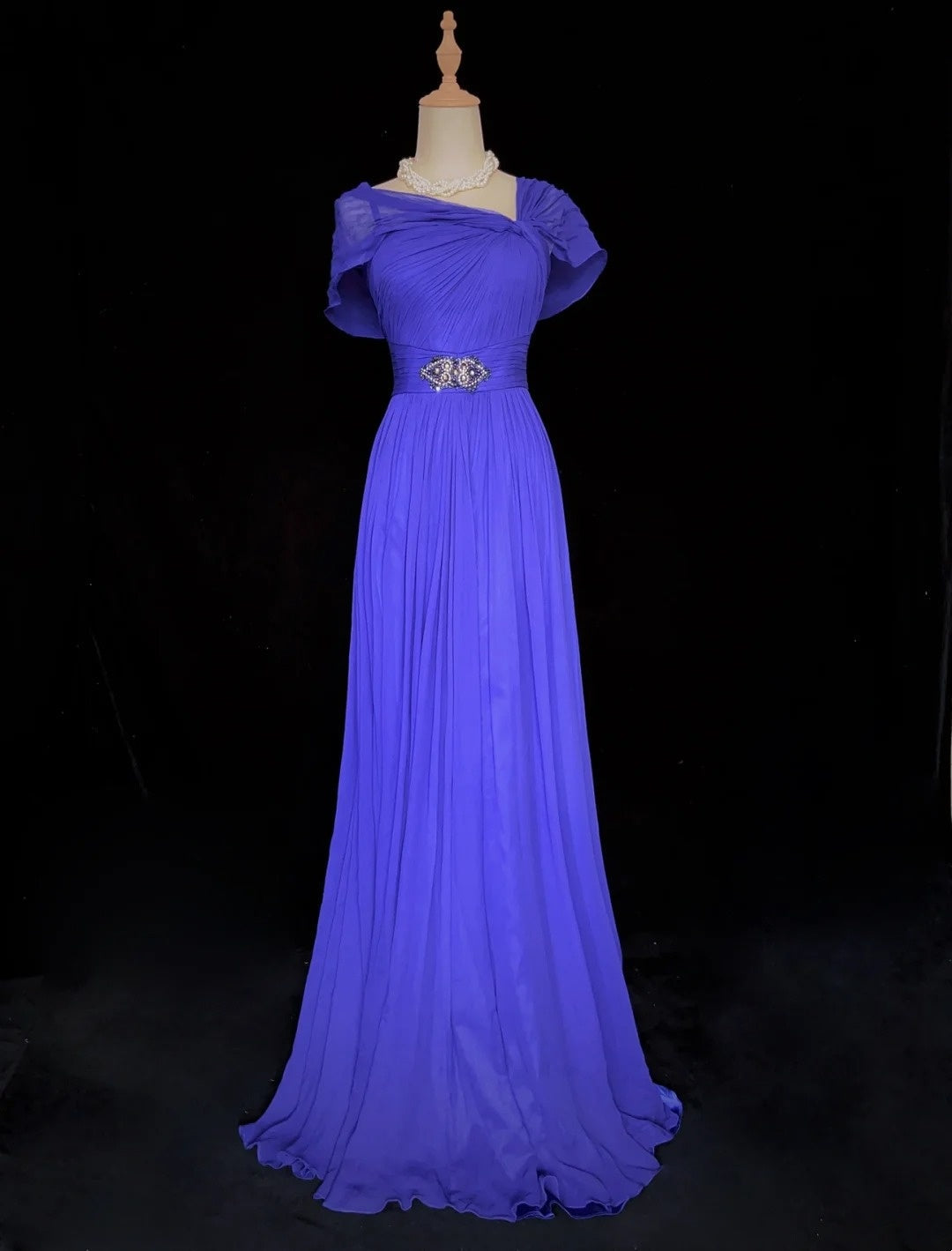 Modest Prom Dresses A line Spaghetti Strap Royal Blue Chiffon Sleeveless Formal Evening Dress N3844