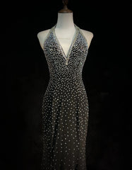 Vintage Mermaid 2000s Black Halter Formal Dress Long Backless Prom Dresses N2572