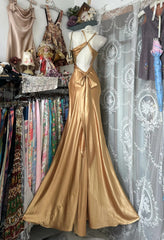 Vintage Mermaid V Neck Gold Backless Satin Sleeveless Formal For Women Girls Teens Prom Dresses N2254
