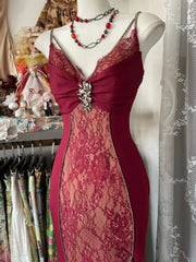 Elegant Fairy Mermaid Spaghetti Strap Burgundy Lace Evening Gowns Formal Birthday Party Prom Dresses N1703