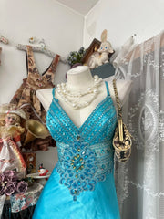 Classy Prom Dresses Mermaid Halter Blue With Beading Satin Long Formal Evening Outfits N3761