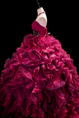 Modest Prom Dresses Ball Gown Strapless Hot Pink Organza With Layers Long Quince Dress N3054
