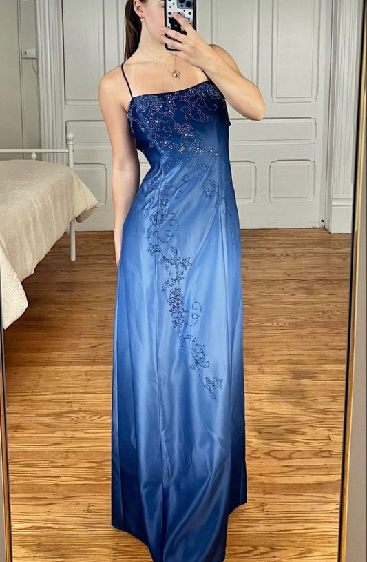 Vintage Y2K A line 2000s Blue Ombre Gown Gradient Colors Straps Formal Dress 21st Birthday Prom Dresses N2783