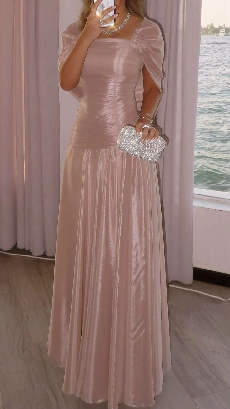 Chic Sheath Square Neck Blush Pink Satin Pleated Sleeveless Long Party Formal Women Prom Dresses AB1889