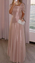 Chic Sheath Square Neck Blush Pink Satin Pleated Sleeveless Long Party Formal Women Prom Dresses AB1889