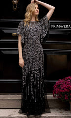 Long Beaded Evening Gown with Short Sleeves 3681