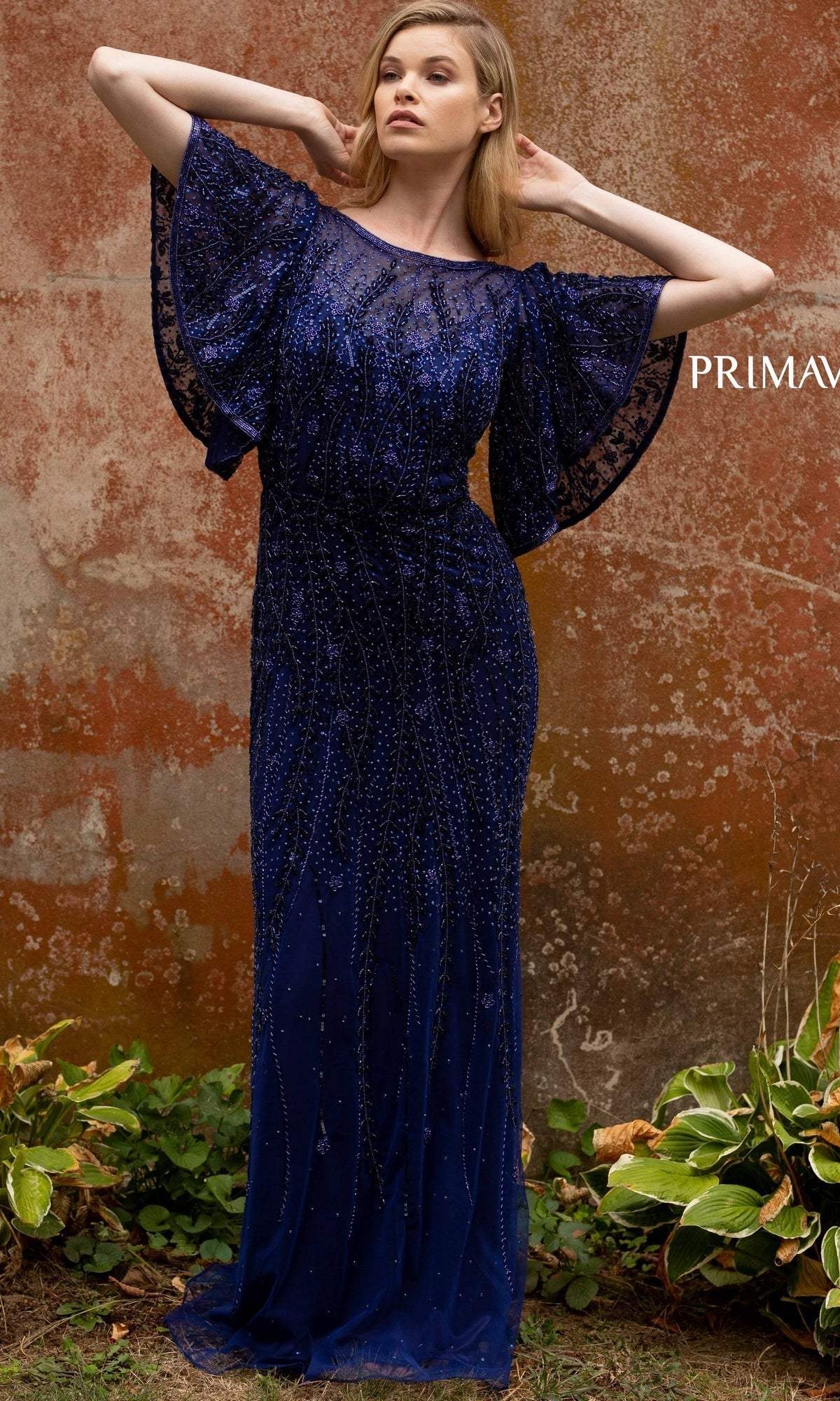 Long Beaded Evening Gown with Short Sleeves 3681