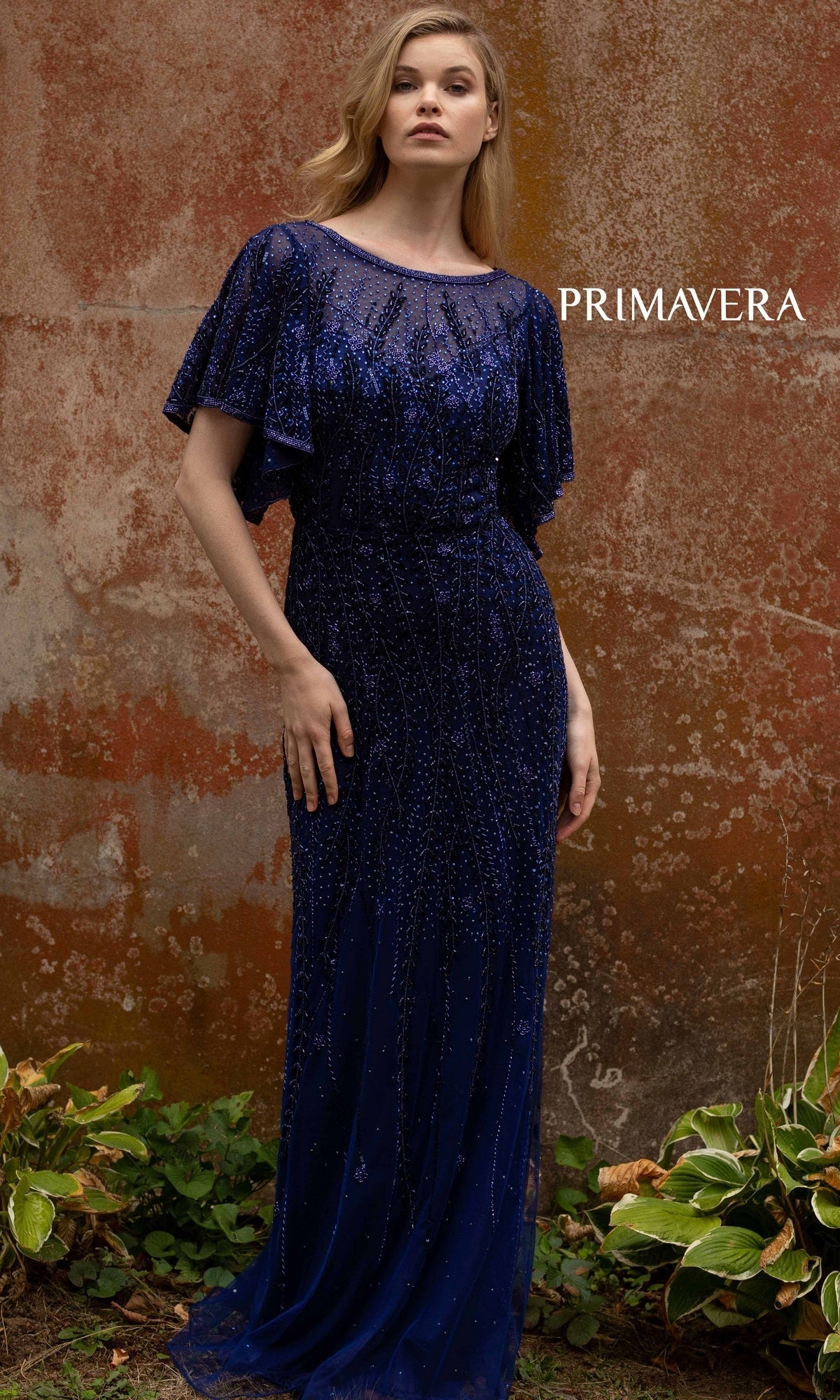 Long Beaded Evening Gown with Short Sleeves 3681