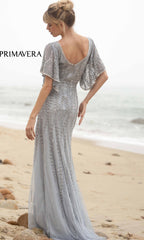 Long Beaded Evening Gown with Short Sleeves 3681