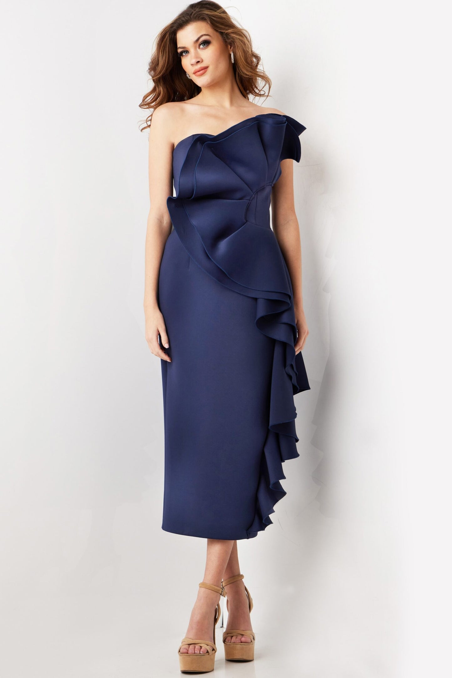 Jovani 38187 Short Mermaid Fit Ruffled Cocktail Midi Dress