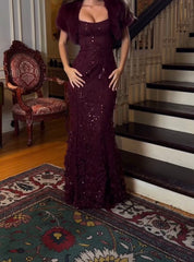 Gorgeous Mermaid Strapless Burgundy Sequins Prom Dresses Long Sleeveless Graduation Dress N1638