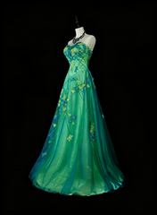Vintage A Line Sweetheart Green Tulle With Beads Gem Crystals Formal Dress Long Prom Dresses N2699