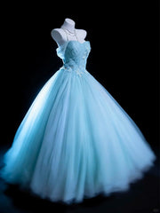 Modest Prom Dresses Ball Gown Off The Shoulder Light Sky Blue Tulle With Sleeves Long Quince Dress N3053