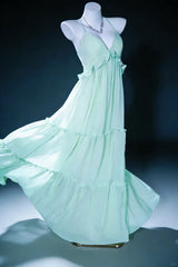 Pretty Prom Dresses A Line Halter Sage Green Chiffon Backless Long Formal Dress N3044