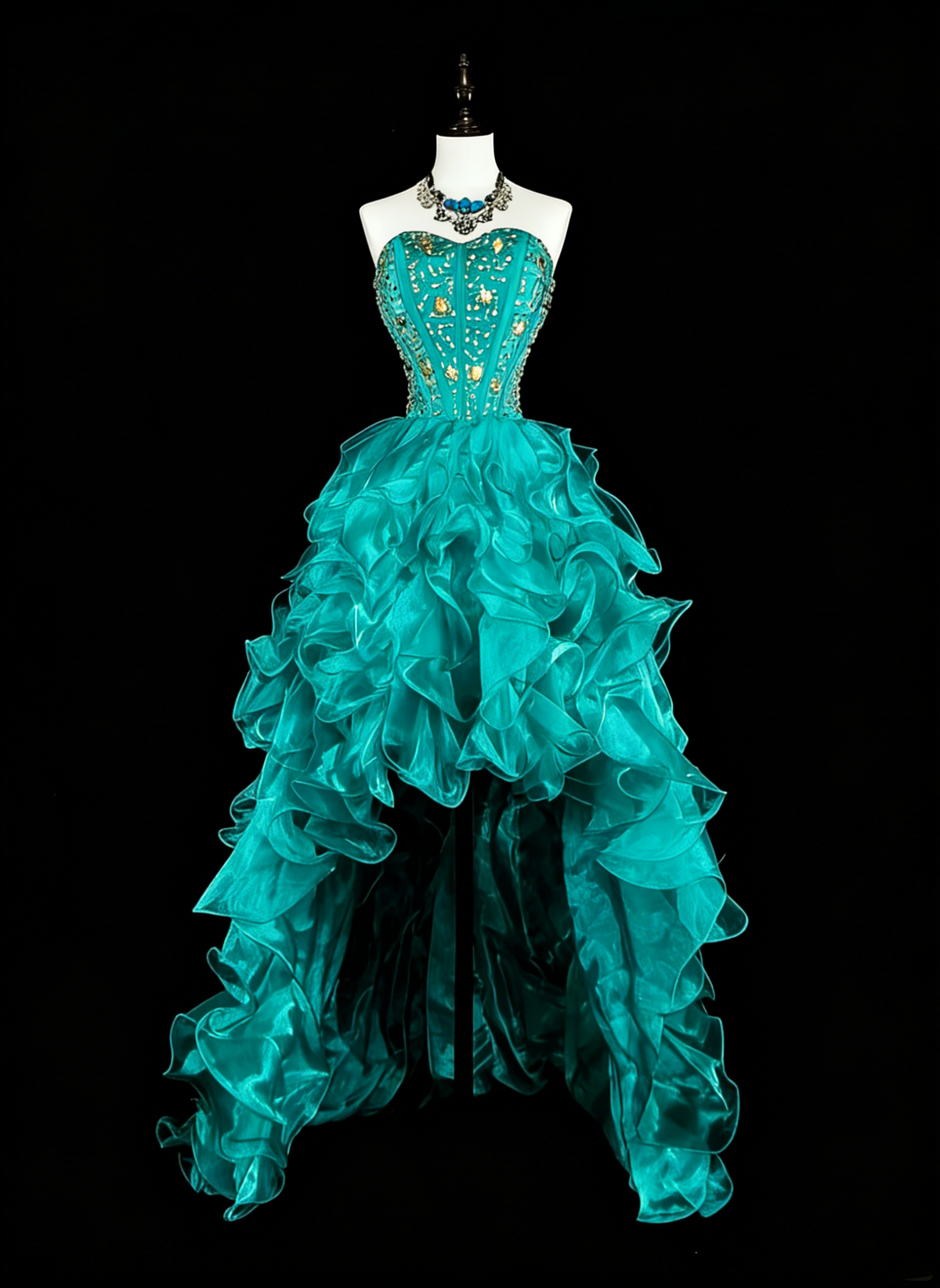 Vintage 1760s High Low Sweetheart Green Organza Sleeveless Tiered Layers Long Prom Dresses N1588