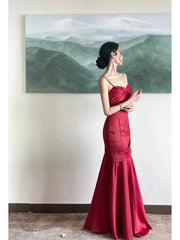 Romantic Mermaid Spaghetti Strap Burgundy Satin With Pleated Formal Dress Long Prom Dresses N2821