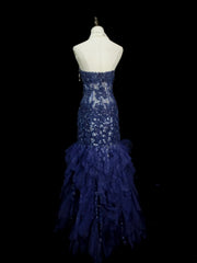 Vintage Mermaid Sweetheart Navy Blue Tulle Sleeveless Formal For Women Girls Teens Prom Dresses N2262