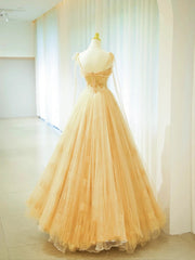 Beautiful Prom Dresses Ball Gown Spaghetti Strap Yellow Tulle With Beading Long Formal Gown N2932