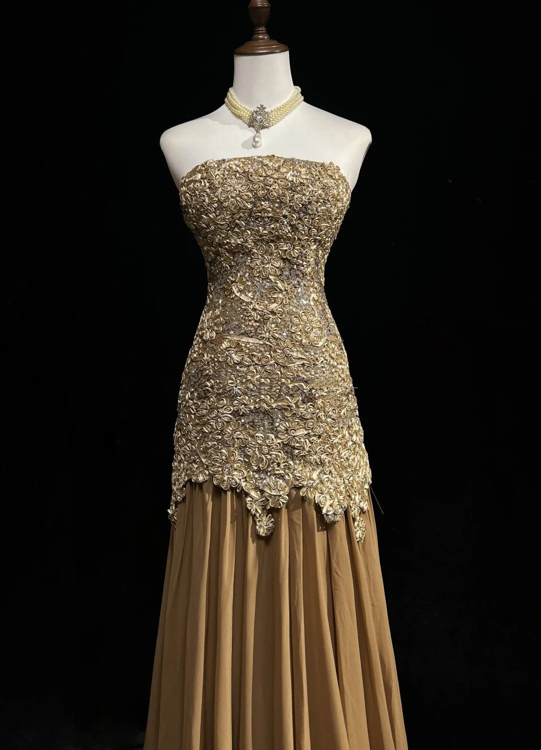 Vintage Prom Dresses 1960s Mermaid Strapless Gold Lace Long Prom Gown N3103