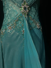 Elegant A Line Spaghetti Strap Blue Chiffon With Beaded Bodice Formal Dress Long Prom Dresses N2724