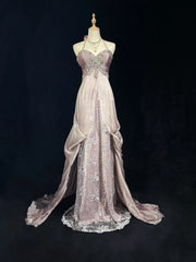 Vintage Prom Aesthetic Dresses A Line Halter Light Pink Chiffon With Beading Long Formal Dress N3034