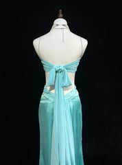 Classy Prom Dresses Mermaid Spaghetti Strap Backless Tiffany Blue Chiffon With Beaded Long Formal Evening Outfits N3708