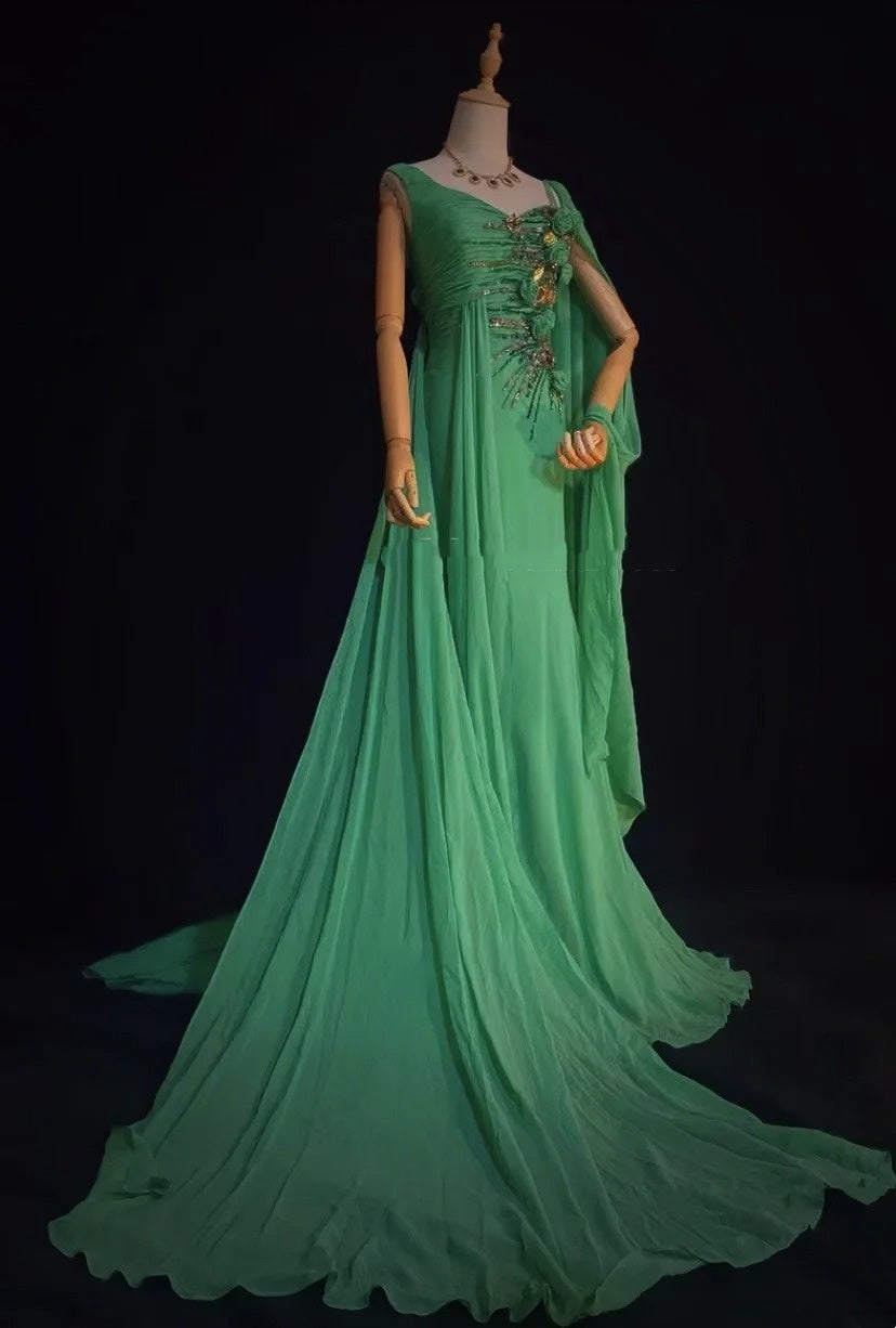 Elegant Prom Dresses Inspo Mermaid Chiffon Green With Flowers Beading For Women Formal Dress N3232