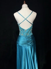 Vintage Prom Dresses Inspo Mermaid Spaghetti Strap Blue Satin 80s With Beaded Formal Gowns N3353