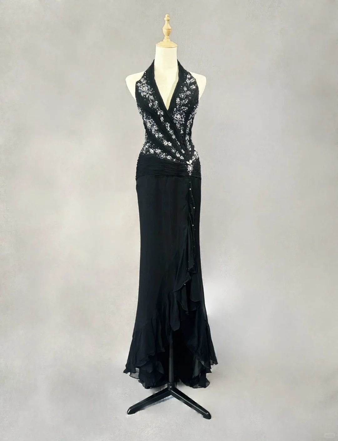 Modest Prom Dresses Mermaid Halter Black Tie Chiffon With Beading Formal Evening Dress N3858