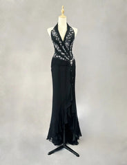 Modest Prom Dresses Mermaid Halter Black Tie Chiffon With Beading Formal Evening Dress N3858