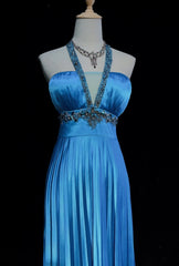 Vintage Prom Dresses Inspo A line Halter Tea Length Blue Satin 80s With Beaded Formal Gowns N3354
