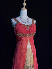 Vintage Prom Dresses A Line Halter Hot Pink Chiffon With Gold Lace Long Formal Evening Outfits N3856
