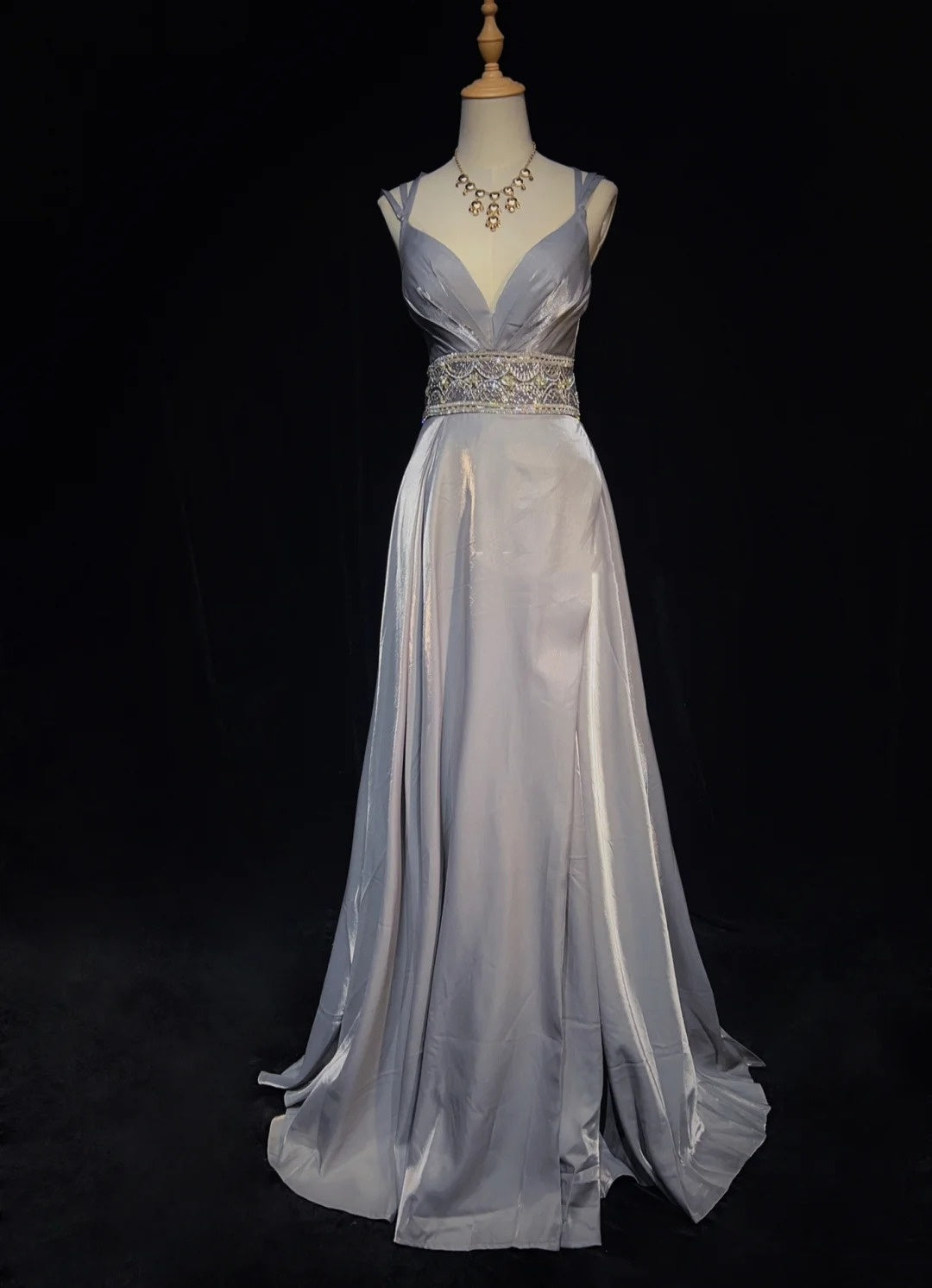 Modest Prom Dresses A line Spaghetti Strap Grey Satin Long Formal Evening Outfits N3617