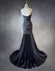 Vintage Prom Dresses 90s Mermaid Sweetheart Satin Black Tie With Silver Beading Ruffled Long Semi Formal Evening Dress N3671