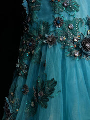 Vintage Prom Dresses Inspo Mermaid Straps Tulle Blue Long 1990s With Lace Appliqued Formal Gowns N3360