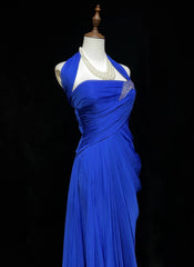 Vintage Prom Dresses 90s Sheath Halter Royal Blue Chiffon Long With Beading Evening Outfits N3137