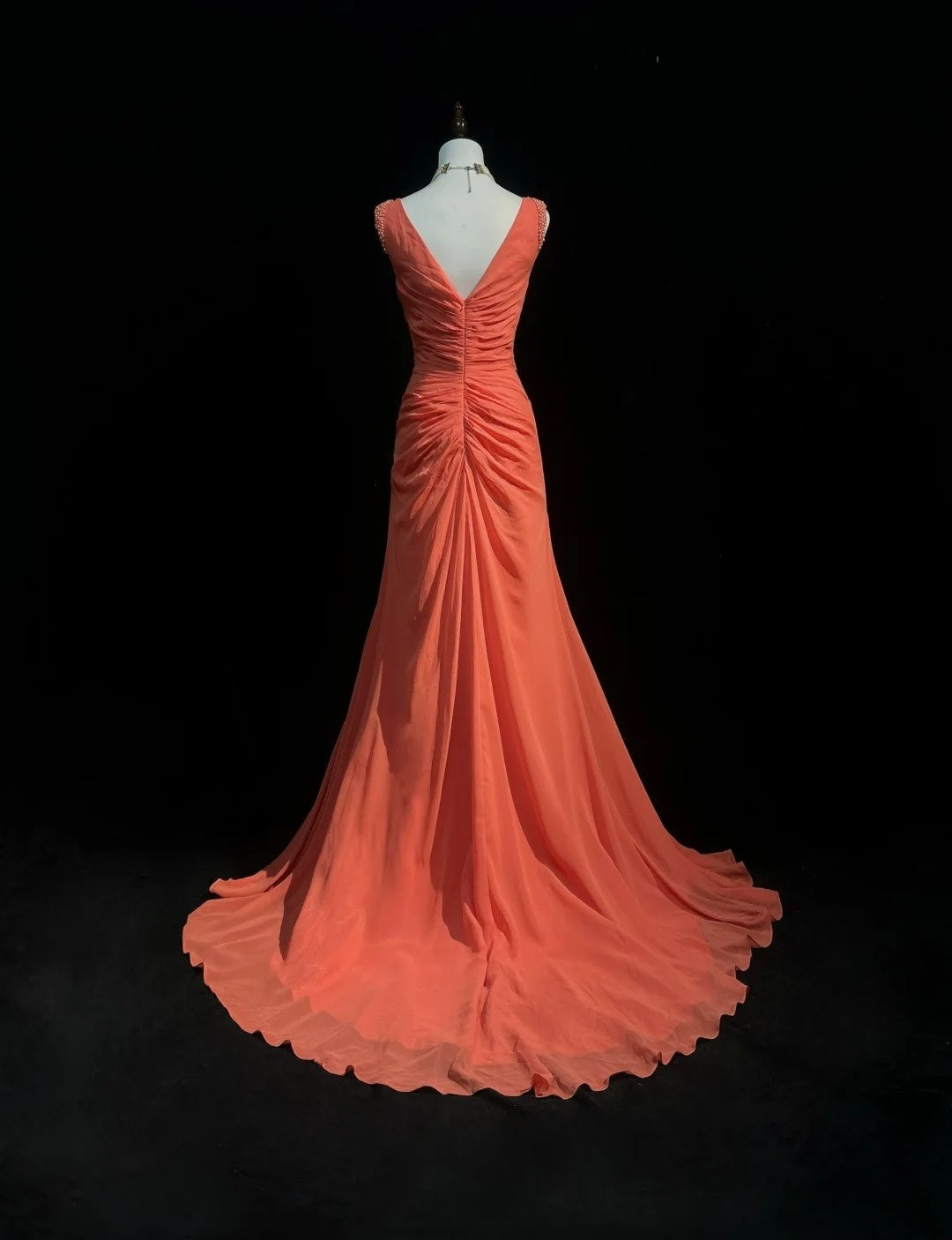 Vintage Prom Dresses 2000s Mermaid V Neck Orange Chiffon With Ruffled Beading Long Prom Gown N3093