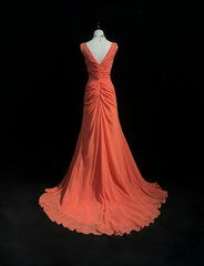 Vintage Prom Dresses 2000s Mermaid V Neck Orange Chiffon With Ruffled Beading Long Prom Gown N3093