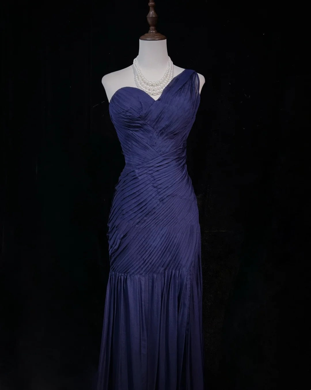 Dreamy 90s Prom Dresses Mermaid One Shoulder Navy Blue With Pleated Formal Evening Outfits N3836