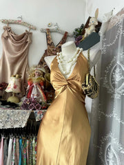 Vintage Mermaid V Neck Gold Backless Satin Sleeveless Formal For Women Girls Teens Prom Dresses N2254