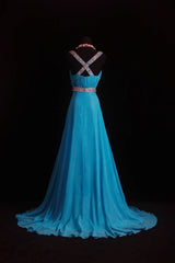 Vintage A line V Neck Blue Chiffon Sleeveless Summer Formal For Women Girls Teens Prom Dresses N2248