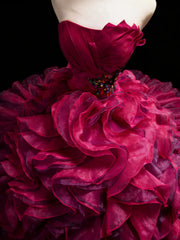 Modest Prom Dresses Ball Gown Strapless Hot Pink Organza With Layers Long Quince Dress N3054