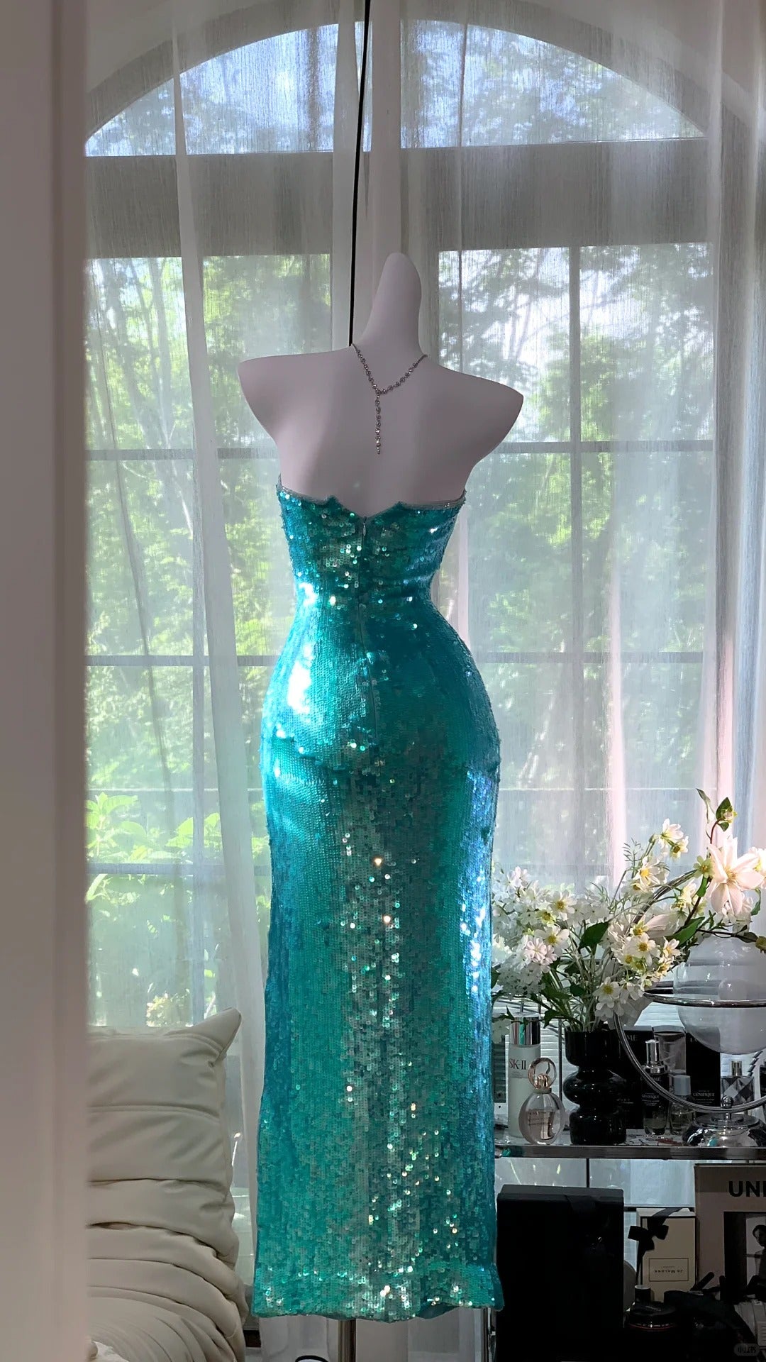 Charming Prom Dresses Mermaid Strapless Blue Sequin Ankle Length Evening Outfits N3564