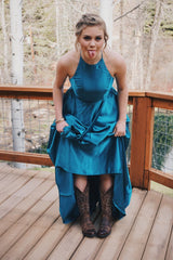 New Arrival A Line Halter Teal Blue Satin Long Prom Dresses Inspo Formal Night Party Dress AB1651