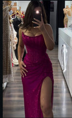Modest Senior Prom Dresses High Schools Inspiration Sheath Strapless Sequins Fuchsia With Slit Semi Formal Grad Long Prom Dress For Teens AB1957