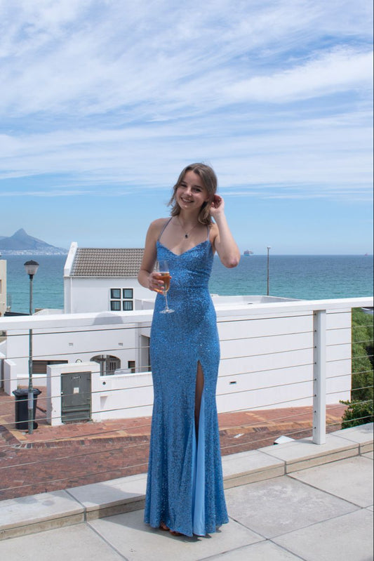 Glitter Mermaid Prom Dress Women Halter Blue Sequins Long Formal Dance Evening Party Gowns AB1715